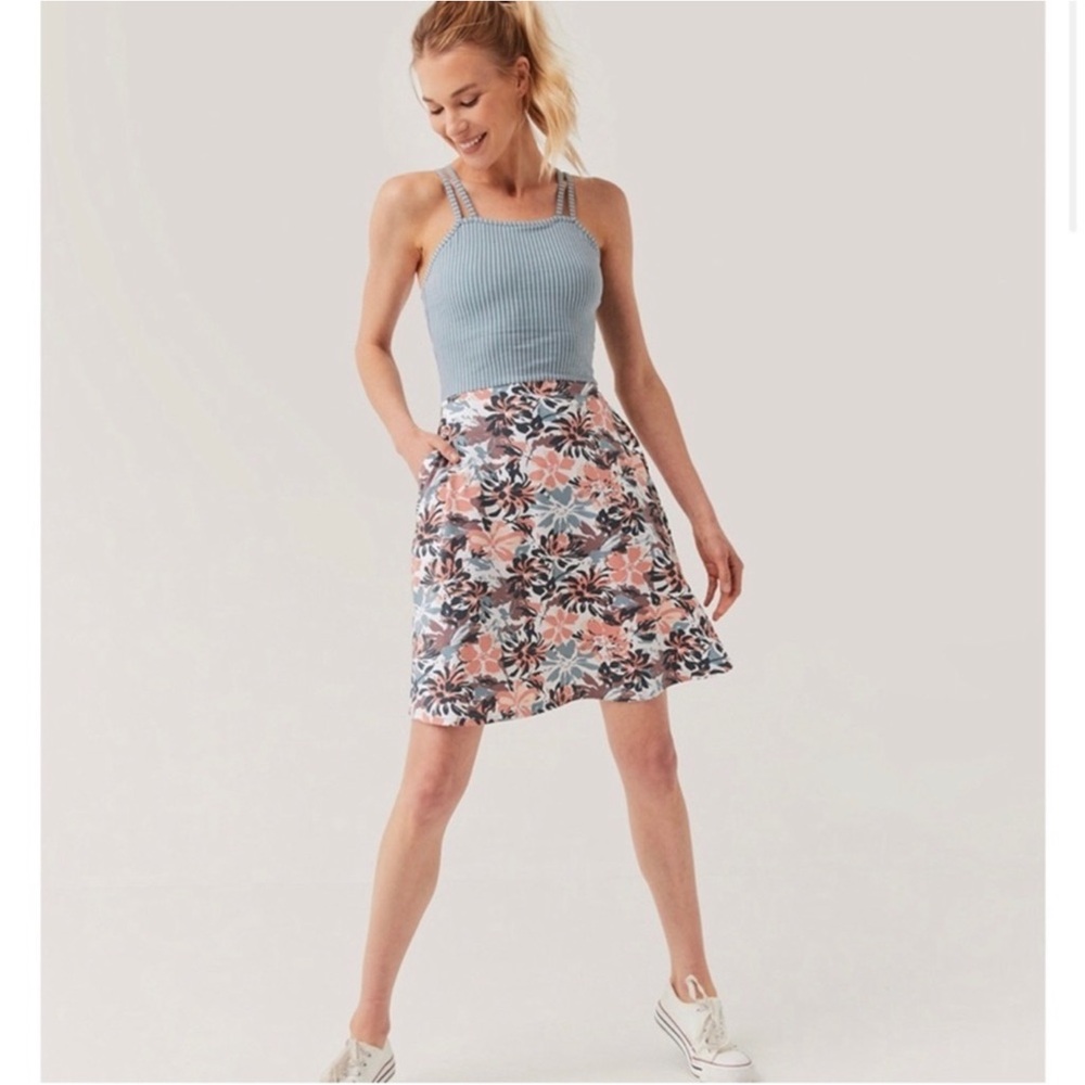 PACT Lake Blossoms Lake Stripe Fit & Flare Strappy Dress Size Small